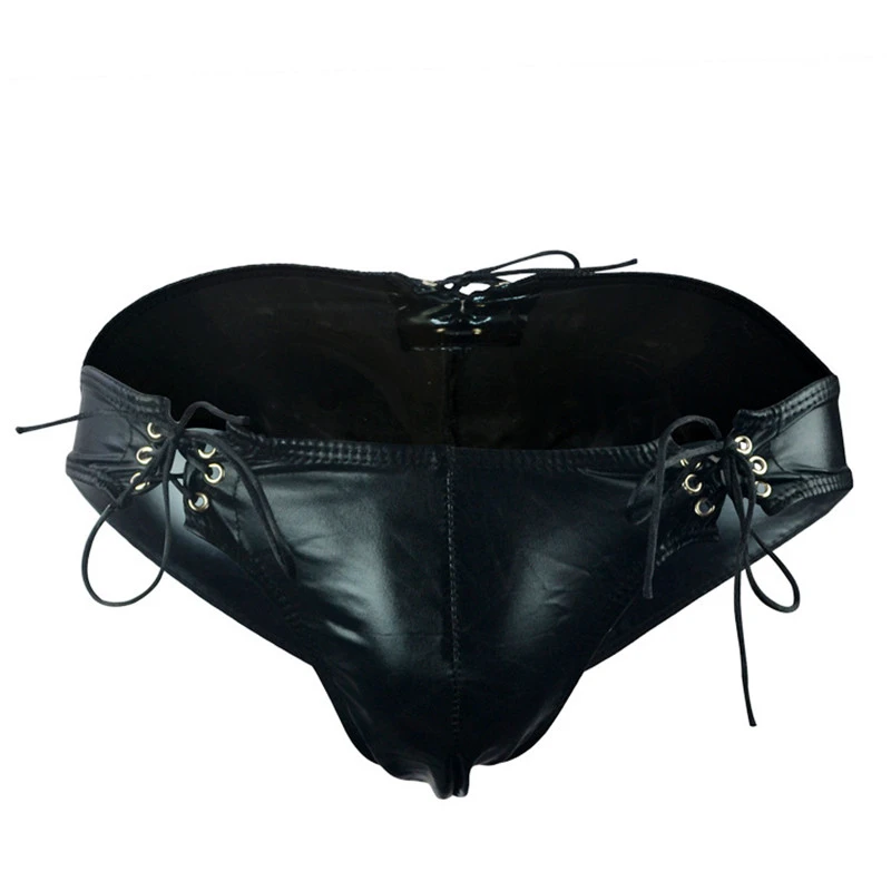 Bandage Men's Sexy Underwear Faux Leather Male U Convex Briefs Adjustable Drawstring PU Panties