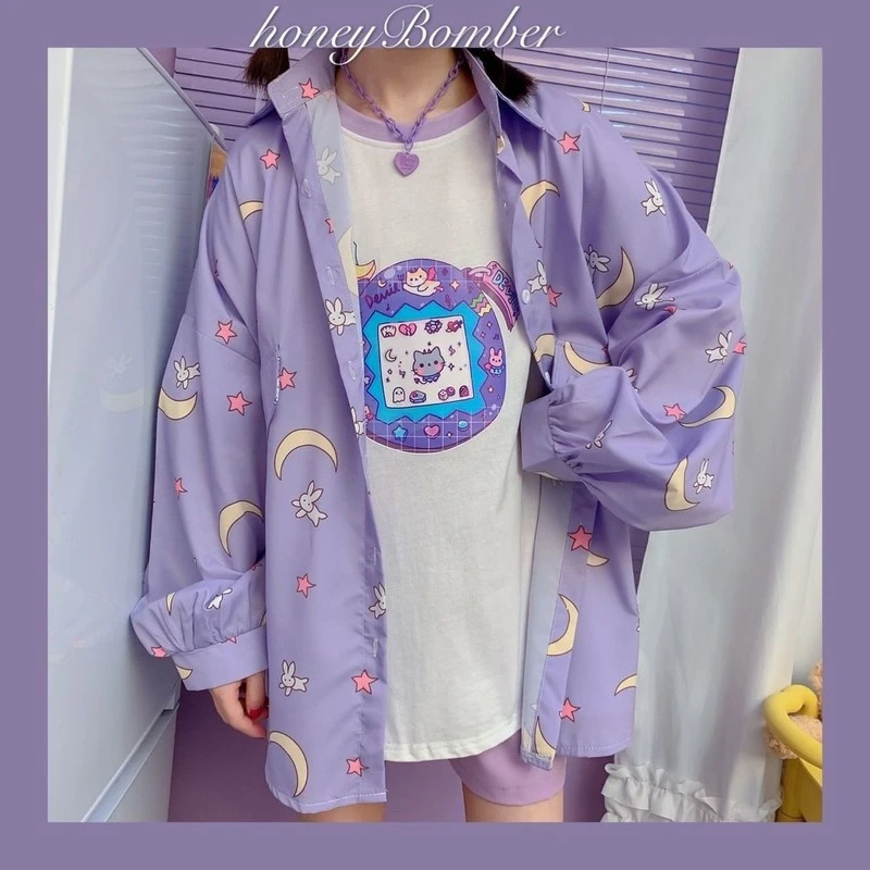 Deeptown Korean Style Women Shirts Kawaii Fashion JK Blouse Women Long Sleeve Cute Moon Print Button Up Shirt Oversized Tops