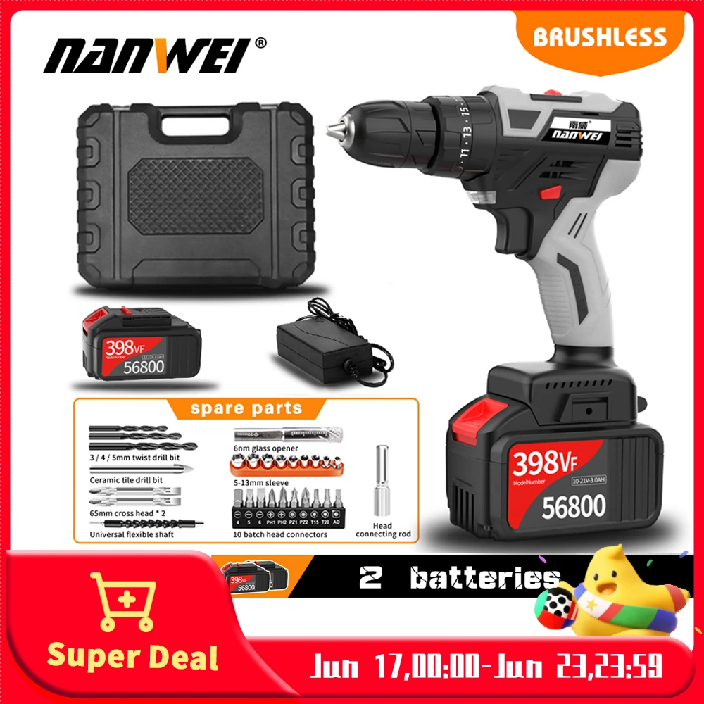 NANWEI 2020 Impact Cordless Drill Brushless Cordless Drill Impact Electric Drill Power Tools Hammer Drill