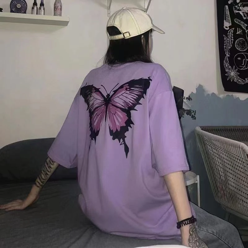 Purple Butterfly Print T-shirt Women Loose Ins Bf Harajuku Tshirt 2020 Summer Fashion Oversize T Shirt Streetwear L0613