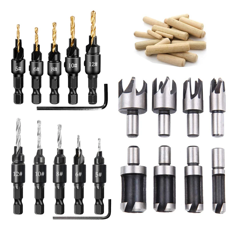 1set Wood Plug Cutter Drill Cutting Tool Drill Bit Set Straight And Tapered Taper 5/8