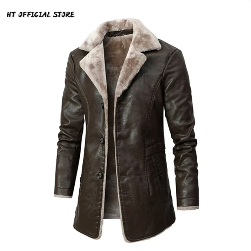 PU Leather Jacket Men Long Style Solid Men's Streetwear Fleece Casual Mens Clothing Porckets Breasted  Leather Coat Outwear