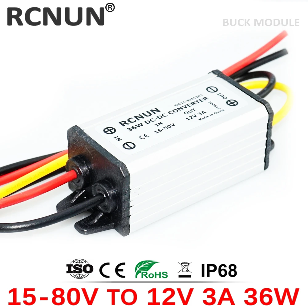 RCNUN 24V 36V 48V 60V to 12V 1A 2A 3A DC DC Buck Converter Regulator 15-80 Volt to 12 Volt 36W Power Supply for Cars Solar