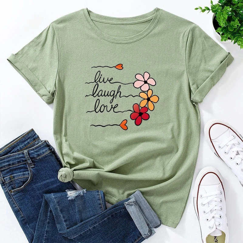 JCGO Summer Cotton Women T Shirt 5XL Plus Size Cute Love Flowers Print Short Sleeve Graphic Tee Tops Casual O-Neck Female TShirt