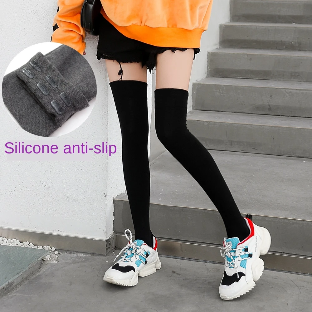 Silicone non-slip knee socks female spring and autumn cotton Japanese high stockings pure black non-slip stockings