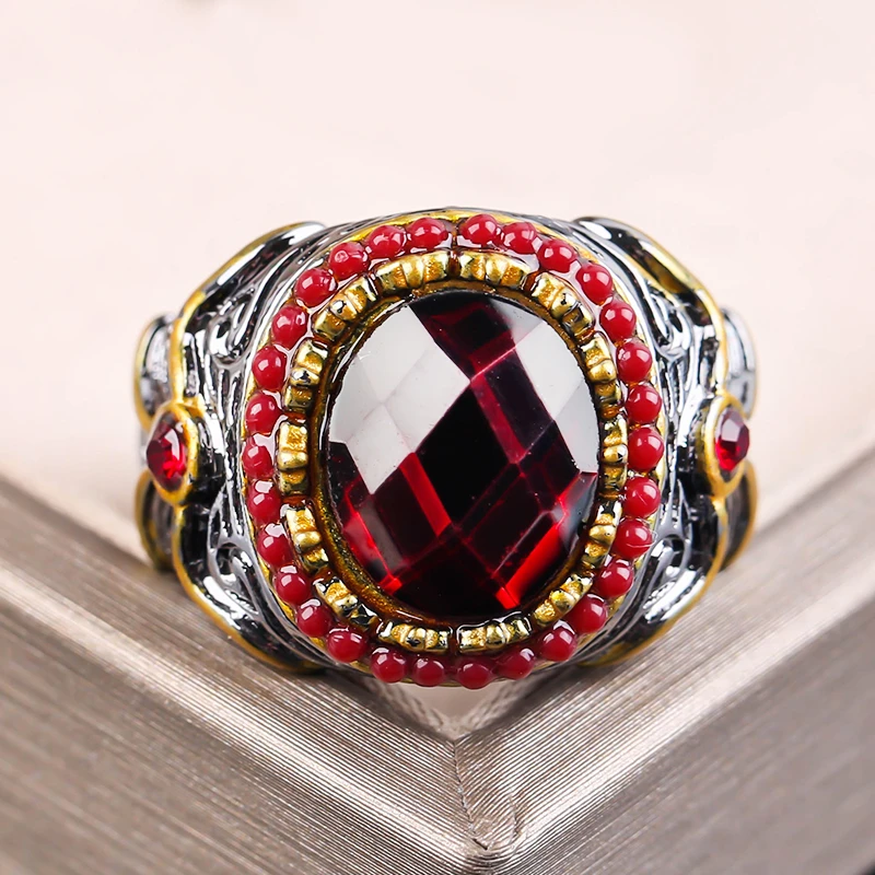 Vintage Two Tone Totem Ring Big Oval Red Stone Bow  For Men Women Gothic Party Anniversary  Retro Jewelry Gift J4M864