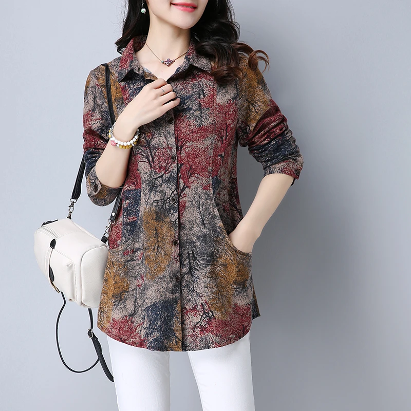 #2905 Long Sleeve Shirt Women Tie Dye Floral Print Cotton Linen Shirt Ladies Slim Casual Vintage Plus Size Cardigan Tunic Shirt