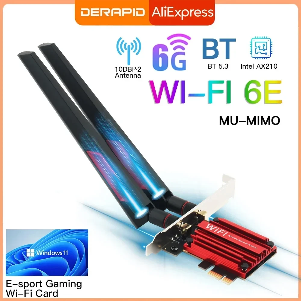 3000Mbps WiFi6E Intel AX210 Bluetooth 5.2 Dual Band 2.4G/5GHz WiFi Card 802.11AX/AC PCI Express Wireless Network Card Adapter PC