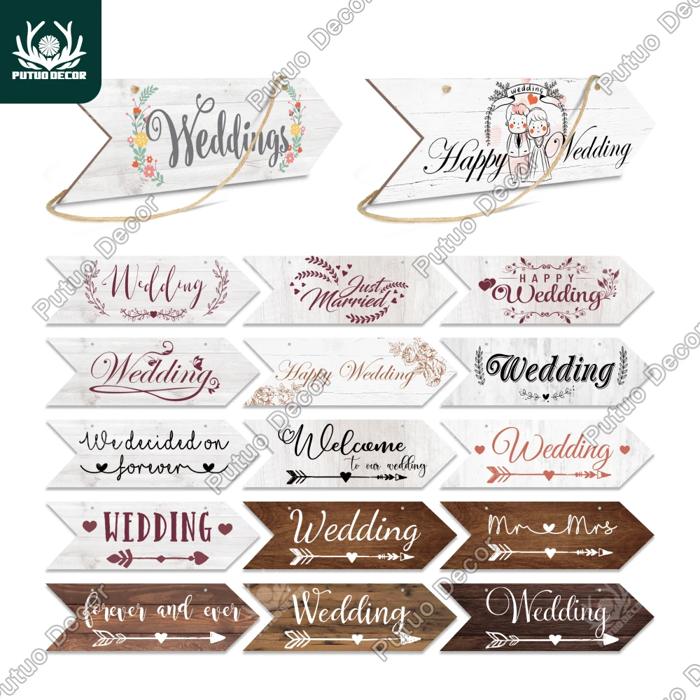 Putuo Decor Wedding Arrow Wooden Sign Wood Plaque Welcome Guide Board for Marry Wedding Scene Sweet Love Hanging Irregular Sign