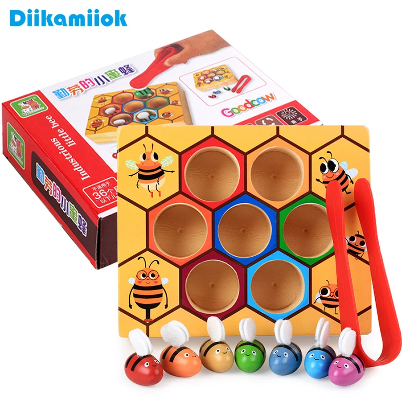 Hot Wooden Leaning Educatinal Toys Children Montessori Early Education Beehive Game Childhood Color Cognitive Clip Small Bee Toy