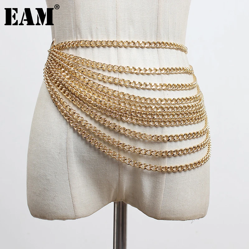 [EAM]  Metal Chain Split Joint Irregular Long Belt Personality Women New Fashion Tide All-match Spring Autumn 2021 1DB564