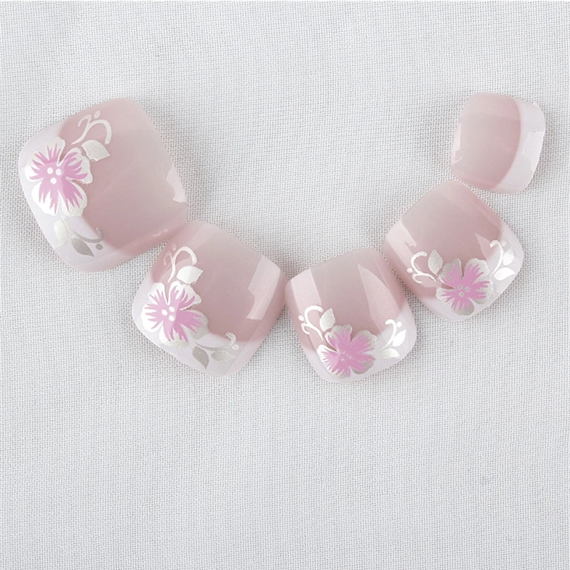 24pcs False Toe Nail Tips Full Cover French Fake Nails Medium Pre-designed Flower Pattern Toe Artificial Nail Art Toenails