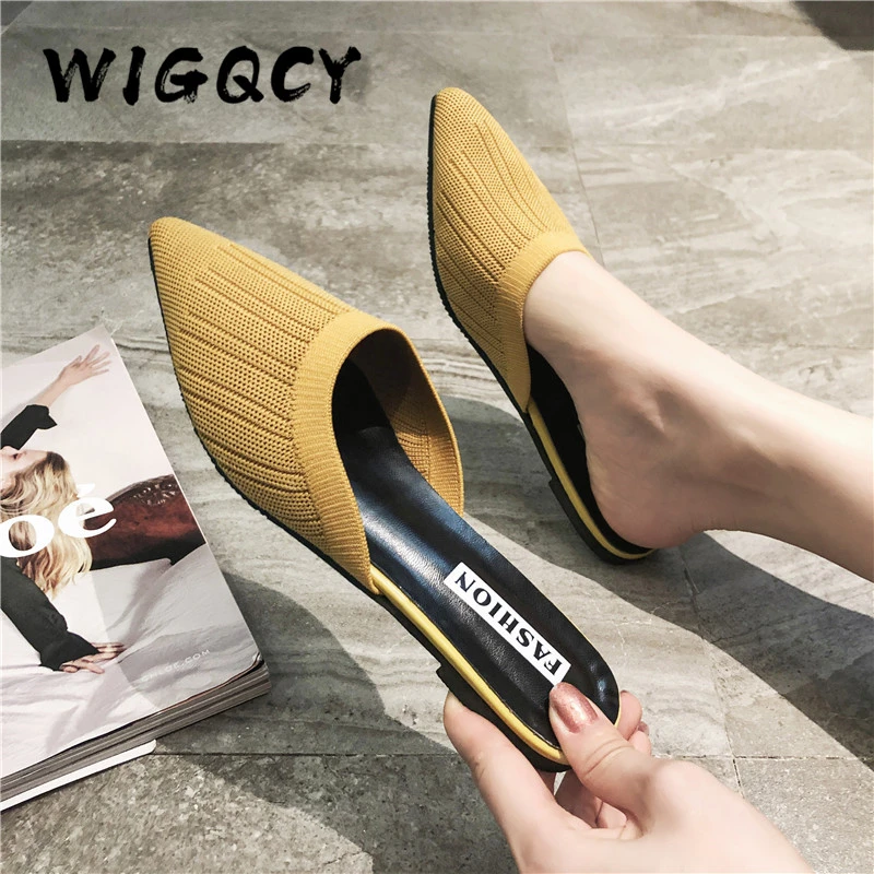 New Women's Summer Solid Toe-covered Slipper Fashion Pointed Woven Breathable Lazy Slippers Flat Sandals Women Mule Slides Shoes