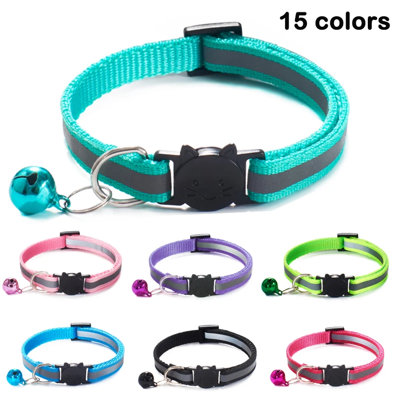 Reflective Nylon Pet Dog Collar 15 Colors Cats Bells Collars Adjustable Buckles Cat Head Pattern Supplies For Accessories