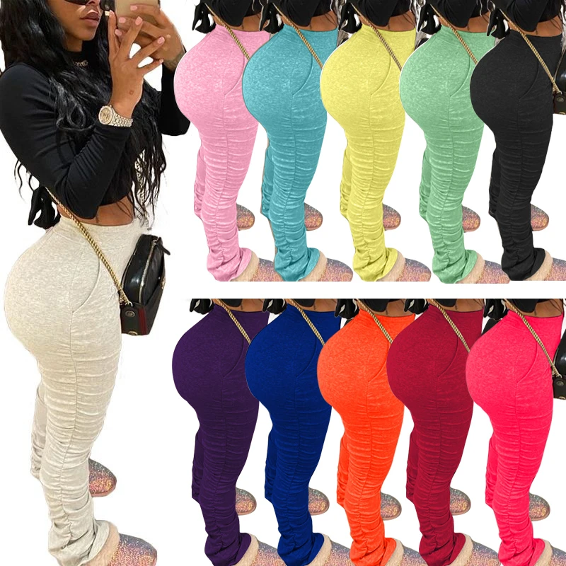 S-4XL Women Elastic Stacked Pants Leggings High Waist Flare Bell Bottom Ruched Stack Trousers Draped Jogger Pants Sweatpants