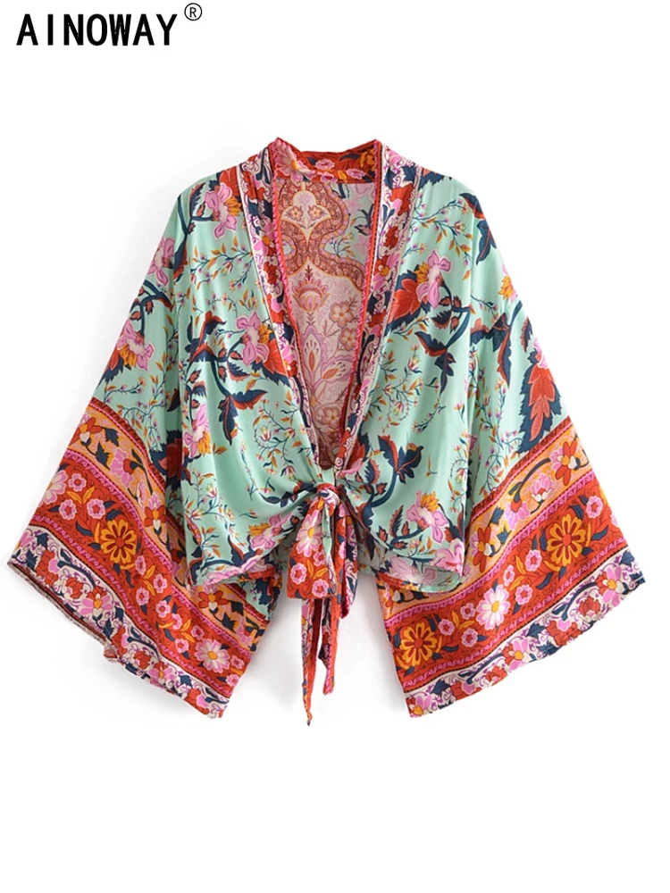 Boho Vintage Floral Print Sashes short Kimono Women 2021 Fashion Ladies Blouses Casual V Neck batwing Sleeves bohemian Cover-Up