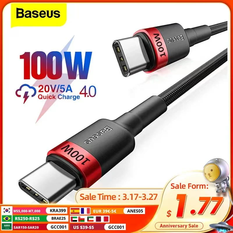 Baseus PD 100W USB C To Type C Cable QC 3.0 Quick Charge 4.0 Data Cable Fast Charging For Samsung Xiaomi Macbook Pro USB C Cable