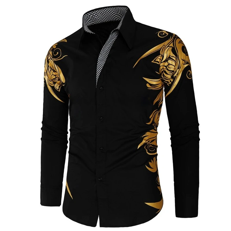 Men's Printed Shirt 2021 Spring/Summer Fashion Casual Shirt Long Sleeve Casual Slim High Quality Gold Black Shirt Men's Clothing