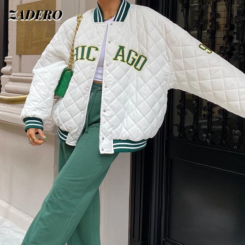 Y2k Green Print Fashion Baseball Bomber Coat 2021 Autumn Winter Oversized Patchwork Jacket Varsity Women Casual White