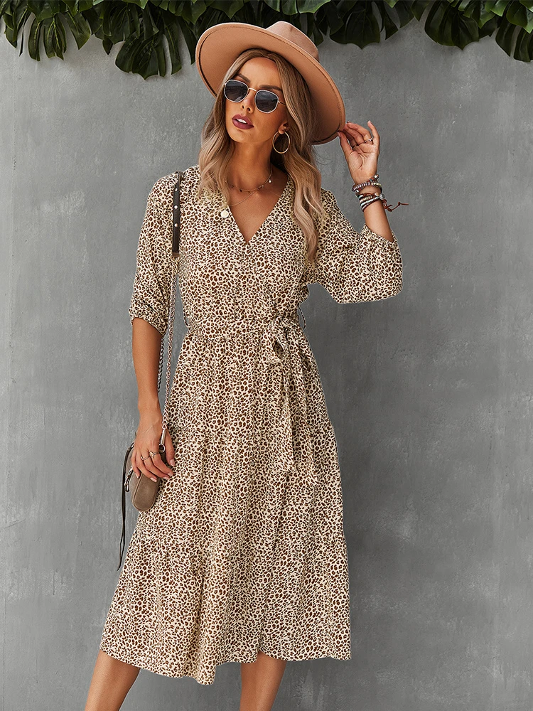 Autumn Winter Long Leopard Print Dress Women 2021 New Casual V Neck Three Quarter Sleeve Bandage Maxi Dresses Female Leisure