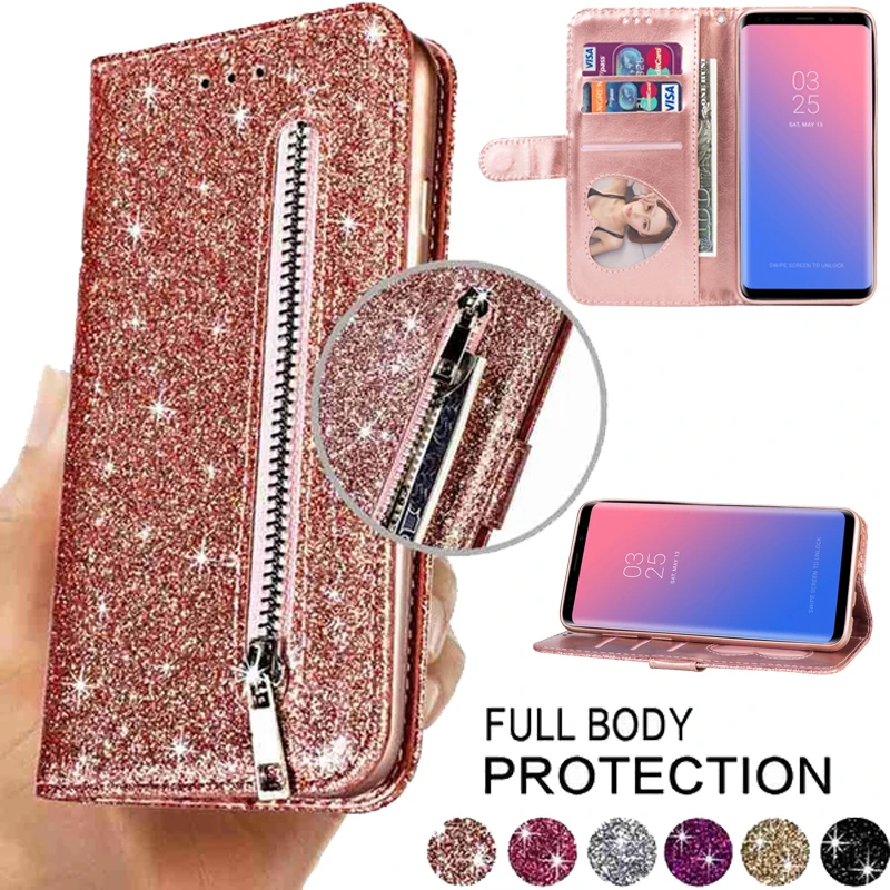 Fashion Glitter Leather Wallet Card Slots Flip Case For Samsung A02S A03S A10 A12 A20 A21S A22 A32 A50 A51 A52 A70 A71 A72 M32