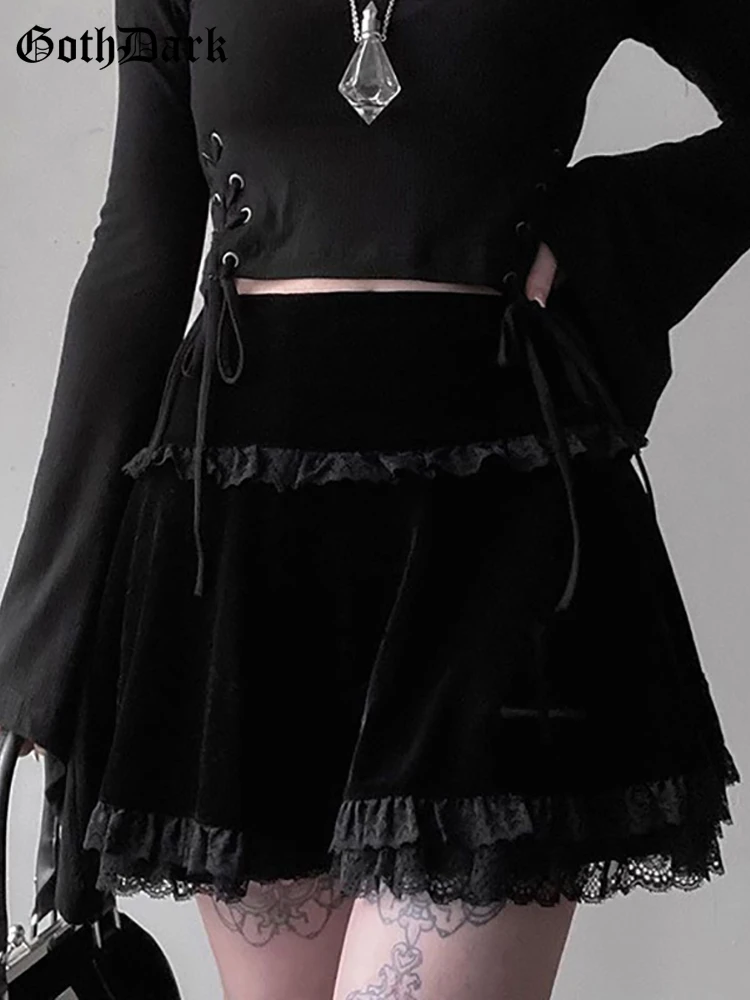 Goth Dark Mall Gothic Aesthetic Velvet Pleated Mini Skirts Women Vintage Harajuku Emo Alt Clothes High Waist Lace Ruffles Skirt