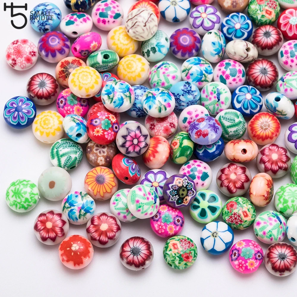 25pcs 12mm Colorful Flower Polymer Clay Beads for Jewelry Making Girls Diy Bracelet Perles Loose Round Candy Beads C602