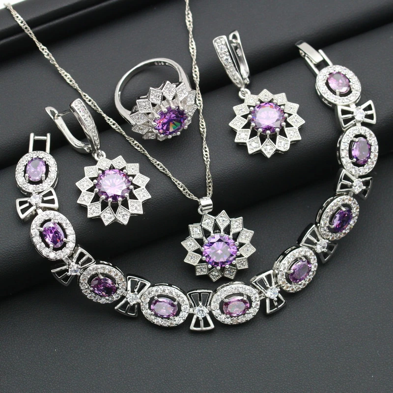 Noble Purple Cubic Zirconia Silver Color Jewelry Sets For Women Flower Shaped Earring Pendant Necklace Ring Bracelet