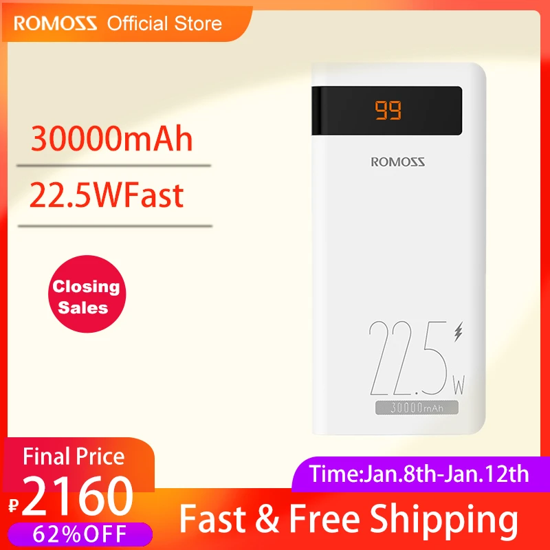 ROMOSS Sense 8+ Power Bank 30000mAh QC PD 3.0 Fast Charging Powerbank 30000 mAh External Battery Charger For iPhone 13 Xiaomi Mi