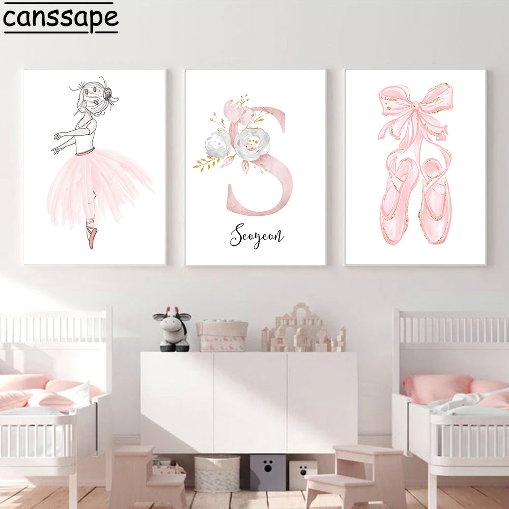Ballet Dancers Wall Posters Personalized Name Print Nursery Canvas Painting Nordic Wall Pictures Baby Girl Bedroom Decoration