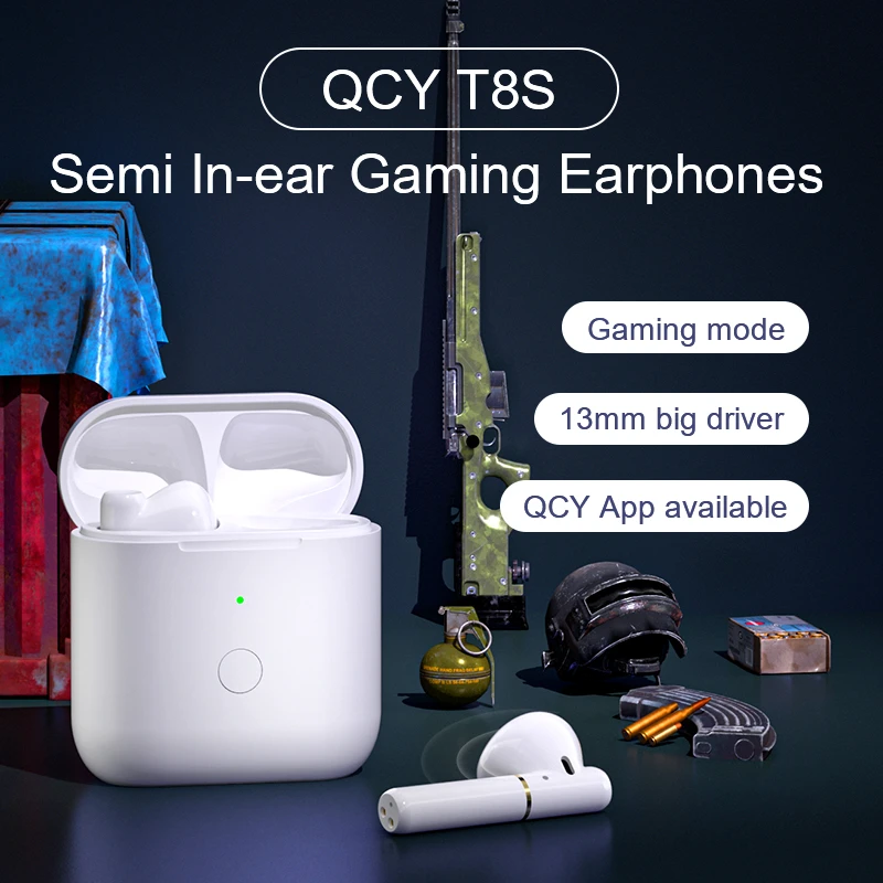 QCY T8S low latency east 65 ms game mode headphone wireless Bluetooth earbuds with  microphones HD call headset customizing APP