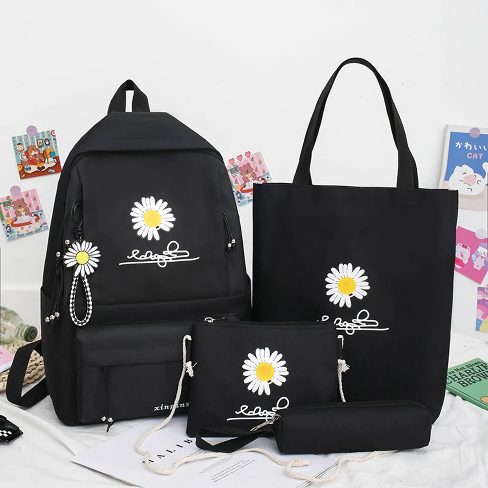 4pcs/Set Casual Daisy Print Backpacks Canvas School Rucksack For Teenager Girls Fashion Women Backpack Canvas Shoulder Bags