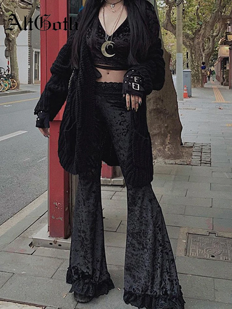 AltGirl Harajuku Punk Gothic Flare Pants Women Grunge Street Vintage Mall Goth Lace Patchwork Hollow Out Dark Black Velvet Pants