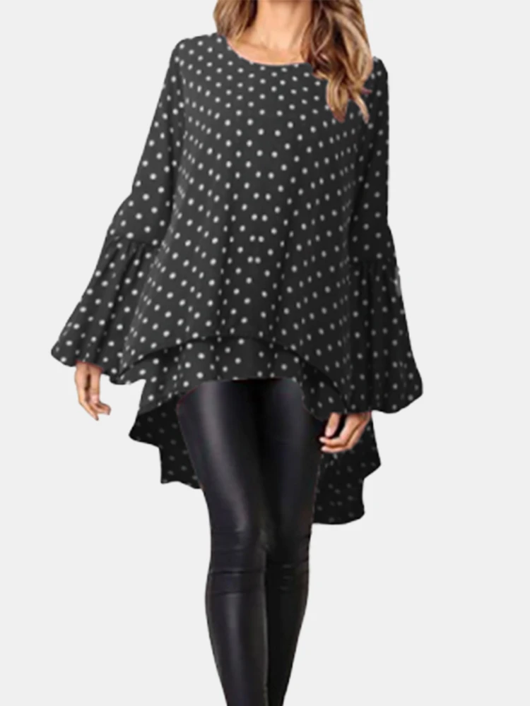 ZANZEA Stylish Women Tunic Tops Polka Dot Pinted Blouse Casual High Low Irregular Shirts Spring Long Sleeve Ruffles Hem Blusas