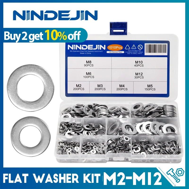 620/1010pcs Flat Washer Set Stainless Steel M2 M3 M4 M5 M6 M8 M10 M12 Ring Gasket Set Plain Washers Metal Washer Assortment Kit