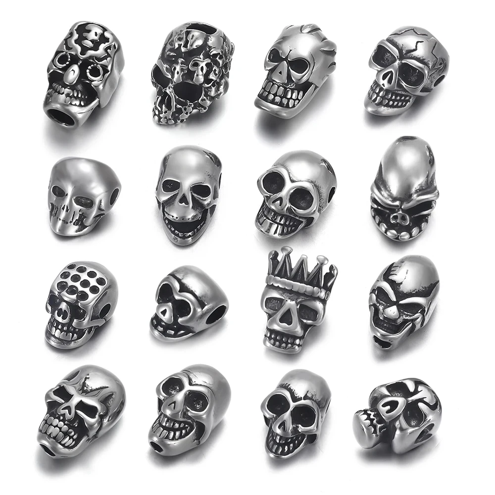 4pcs Stainless Steel Small Hole Skull Beads Double-Sided Spacer Charms for Beaded Bracelets DIY Jewelry Making Accessories