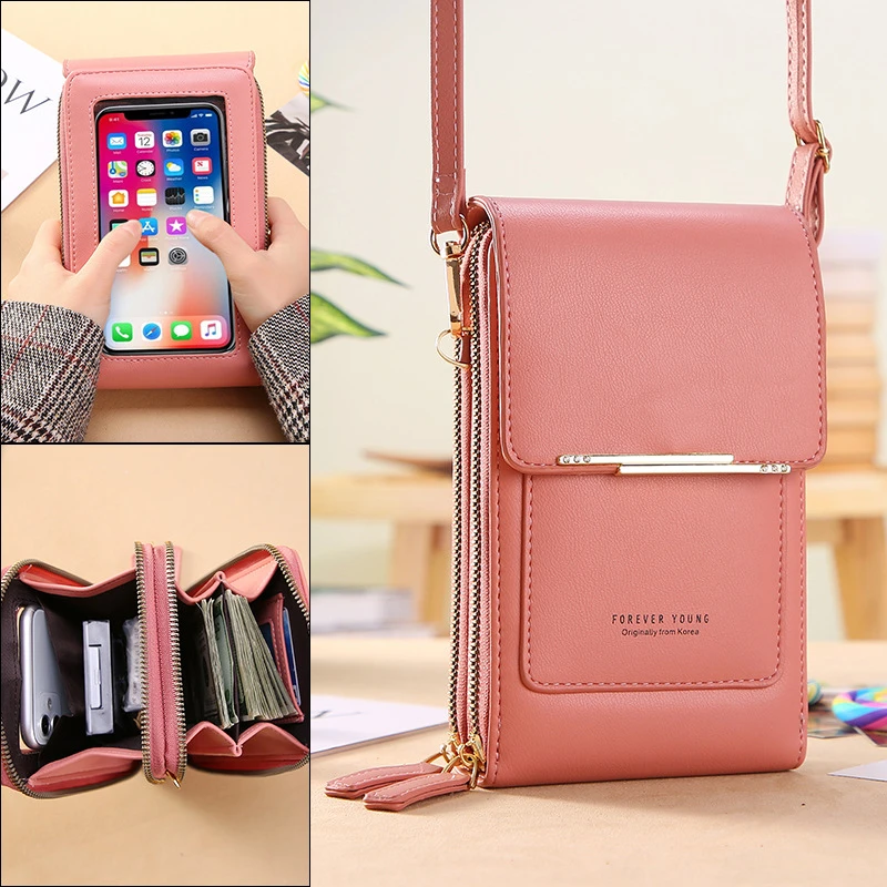 Soft Leather Wallets Touch Screen Mobile Phone Bag for Female Mini Card Holder for Key Coin Purse Vertical Crossbody Money Bags
