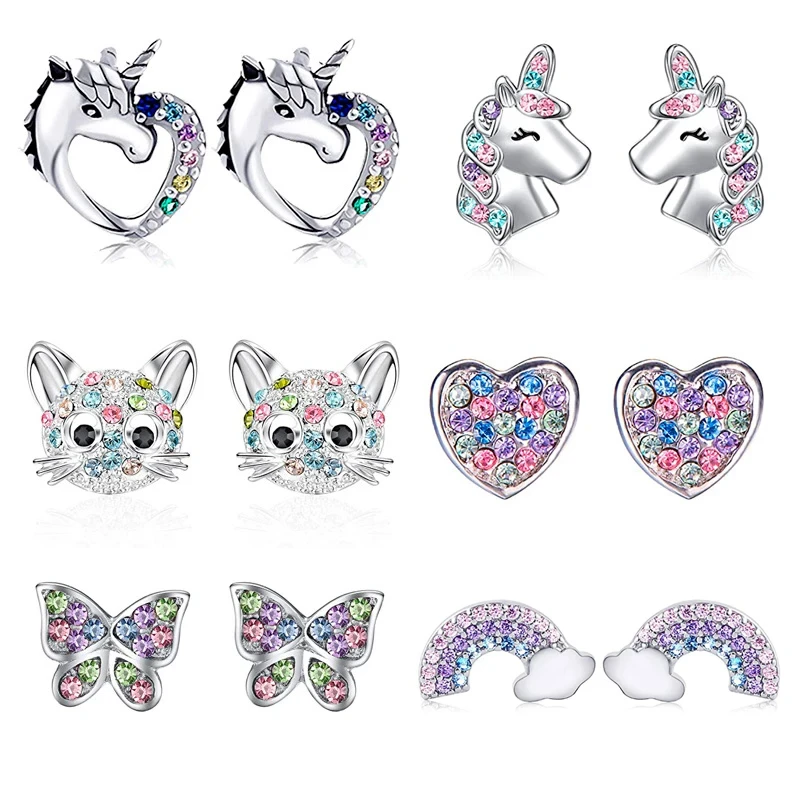 New Cute Unicorn Stud Earrings for Little Girl Kids Crystal Cat Butterfly Rainbow Heart Star Earring Christmas Gift Jewelry