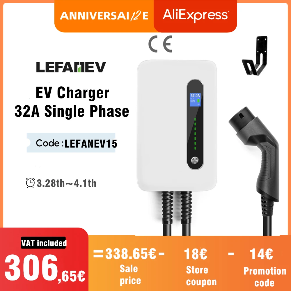 EV Charging Station Cable 32A Electric Vehicle Car Charger EVSE Wallbox Wall Mount Type 2 Cable IEC 62196-2 Level 2 240V 7.6KW