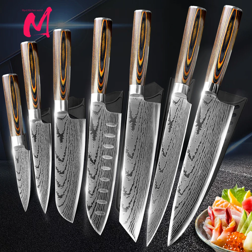 Kitchen knife Chef Knives Japanese 7CR17 440C High Carbon Stainless Steel Imitation Damascus Sanding Laser Knife