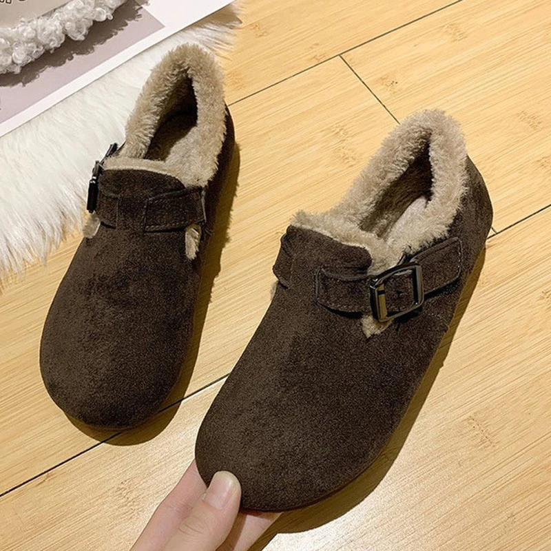 2021 New Solid Color Short Boots Buckle Strap Women Shoes Furry Plush Slip-on Flat Footwear Winter Warm Booties Female Snow Boot