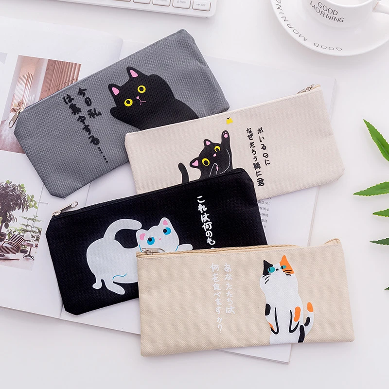 1 Pcs Cute Cartoon Cat Canvas Zipper Pencil Bag Case Children Pen Bags Women Cosmetic Bag Children Gift Stationery