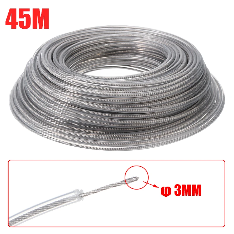 3mmx45m Steel Wire Grass Trimmer Wire Rope Cord Line Strimmer Brushcutter Trimmer Long Round Roll Grass Replacement