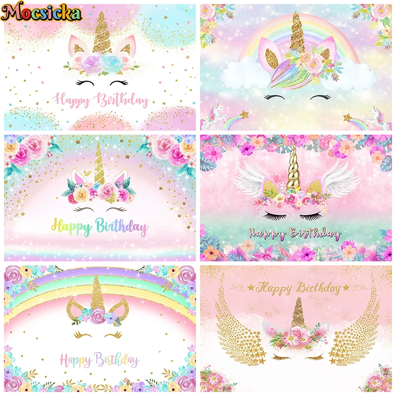 Unicorn Birthday Backdrop Happy Birthday Photo Background Girls Unicorn Birthday Party Decoration Gold Glitter Unicorn Backdrop