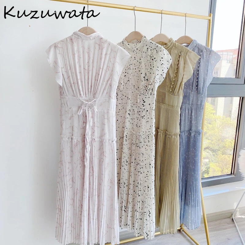 Kuzuwata 2021 Spring New Pleated Drawstring Slim Waist Dresses Elegant Fresh High Waist Women Dress Sexy Hollow Out Vestidos