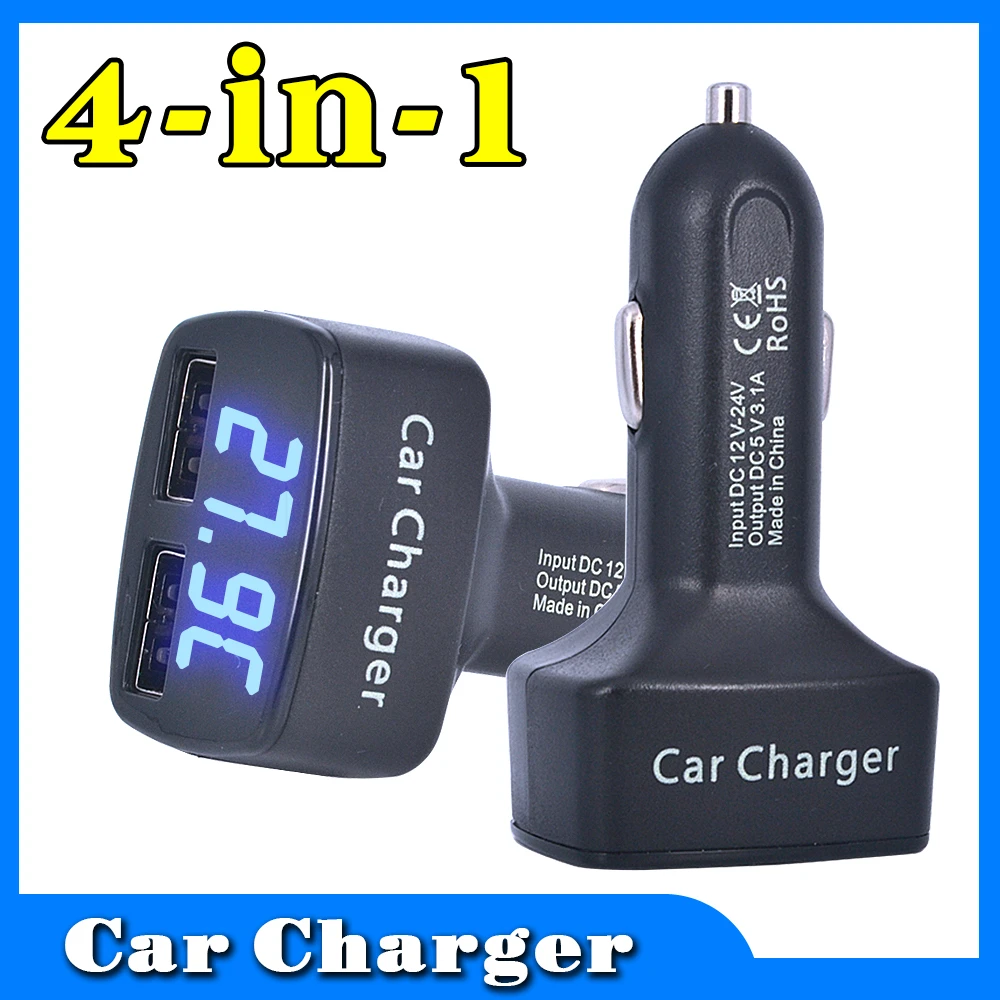 Car Charger Dual USB 3.1A 5V 4 in 1 LCD Display With Temperature/Voltage/Current Meter Tester Adapter Digital Display Wholesale
