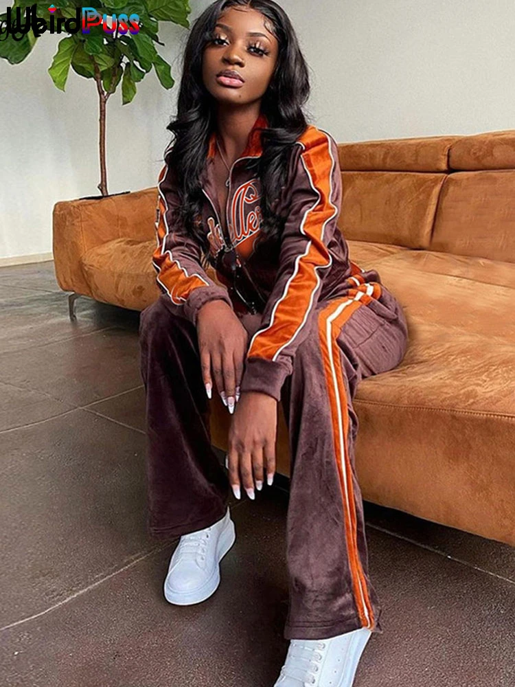 OrangeA Women Tracksuit Letter Print Velvet 2 Piece Outfit Sweatshirt+Straight Sweatpants Matching Set Fitness Sporty Streetwear