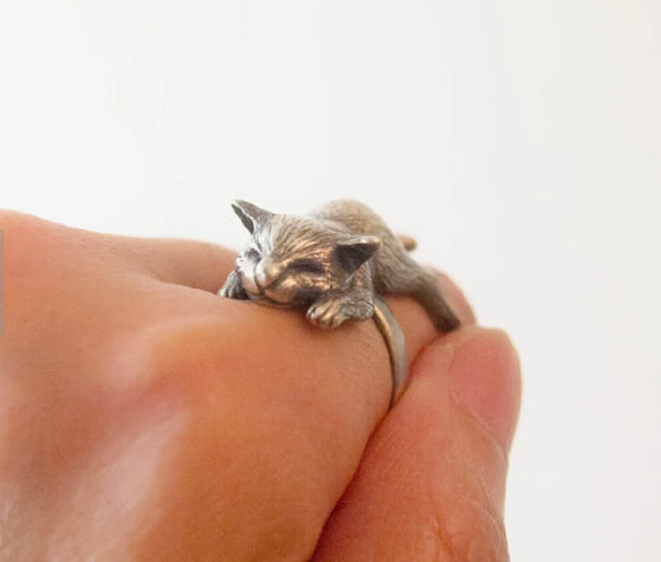 Handmade Cute Retro Kitty Sleeping Cat Ring Baby Pet Ring Sweetheart lovely Animal Ring Girl Gift Jewelry