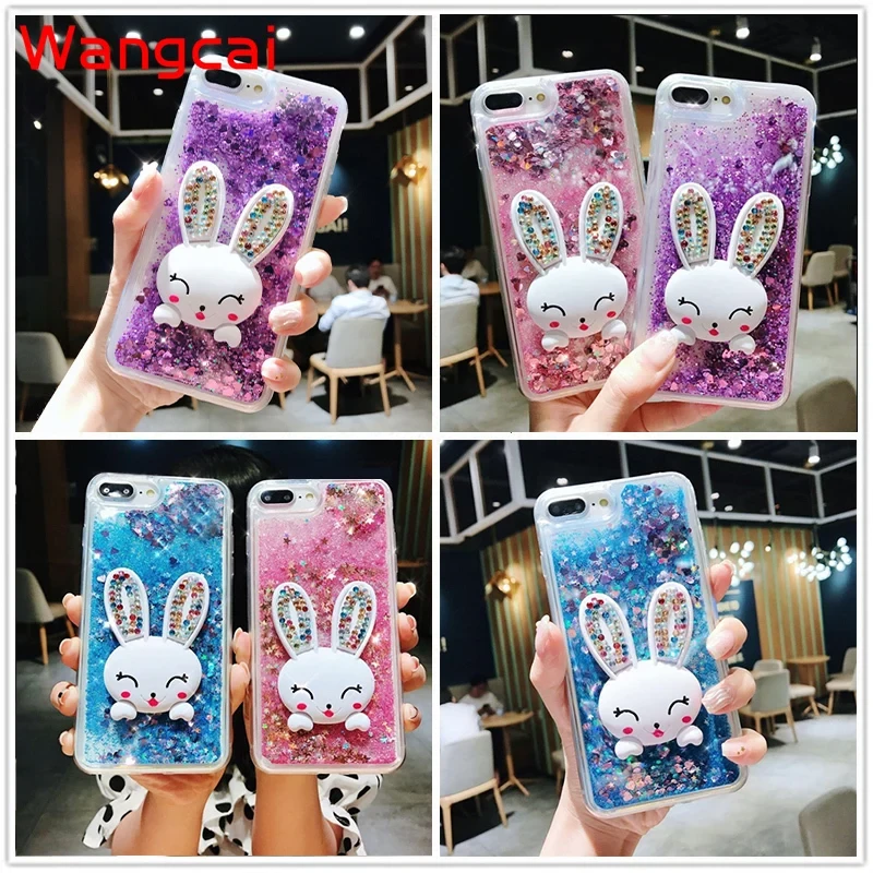 For Samsung Galaxy A9 A8 A7 A5 A3 Plus J7 J5 J3 2018 2017 2016 S10 5G Case Quicksand Liquid Rabbit Holder Stand Glitter Cover