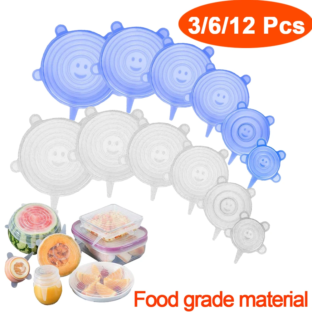 3/6/12 Pcs Food Silicone Cover Cap Universal Silicone Lids for Cookware Bowl Microwave Reusable Stretch Lids Food Wrap